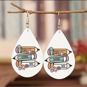 Water drop wooden dangle earrings; “Teach Inspire Love”; perfect teacher gift
